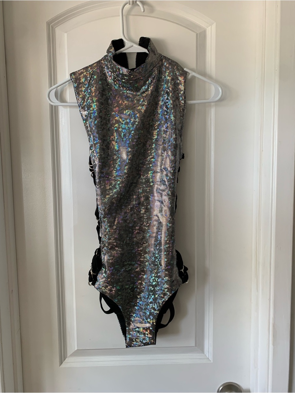 Little Black Diamond Reversible Holographic Silver / Black Lace-up Bodysuit